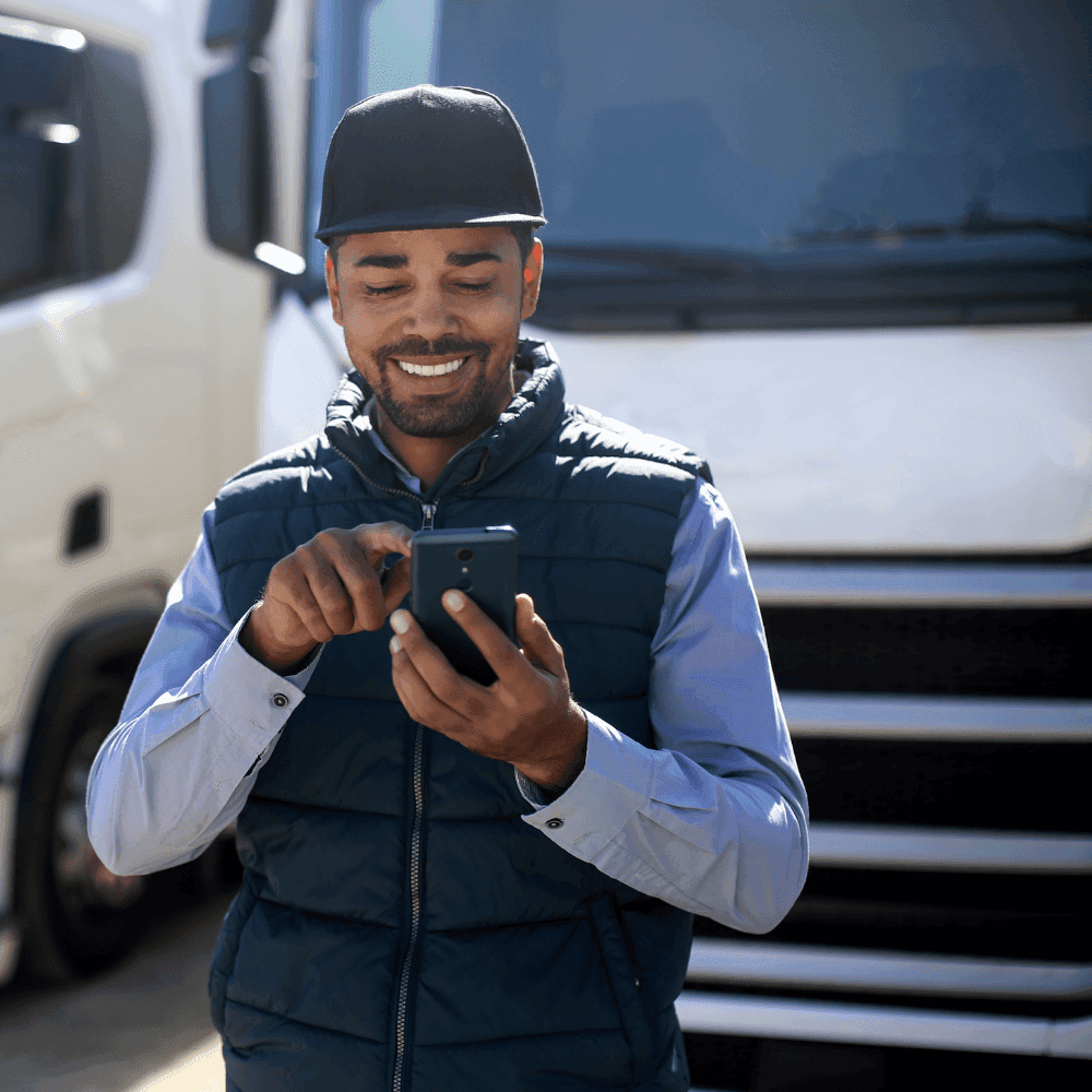 Conductor de camión usando Verifty en su celular para la inspección preoperativa