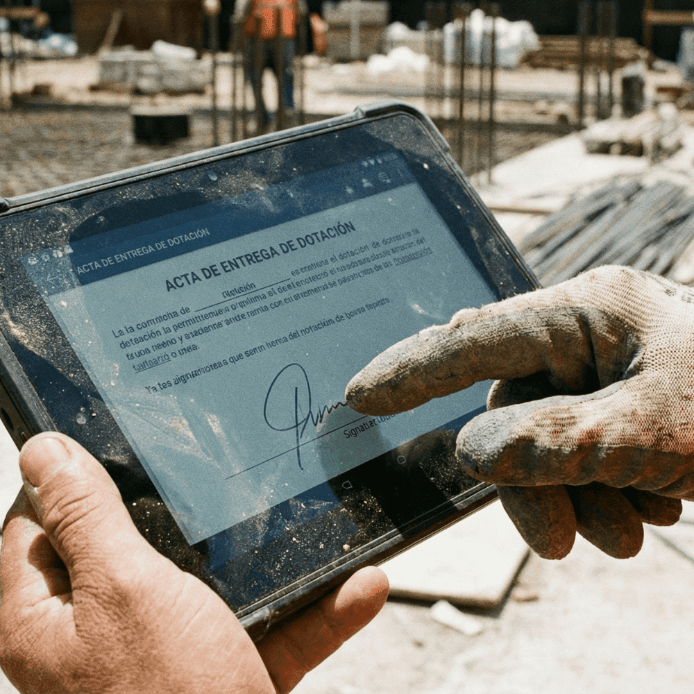 Trabajador firmando entrega de EPP en una tablet