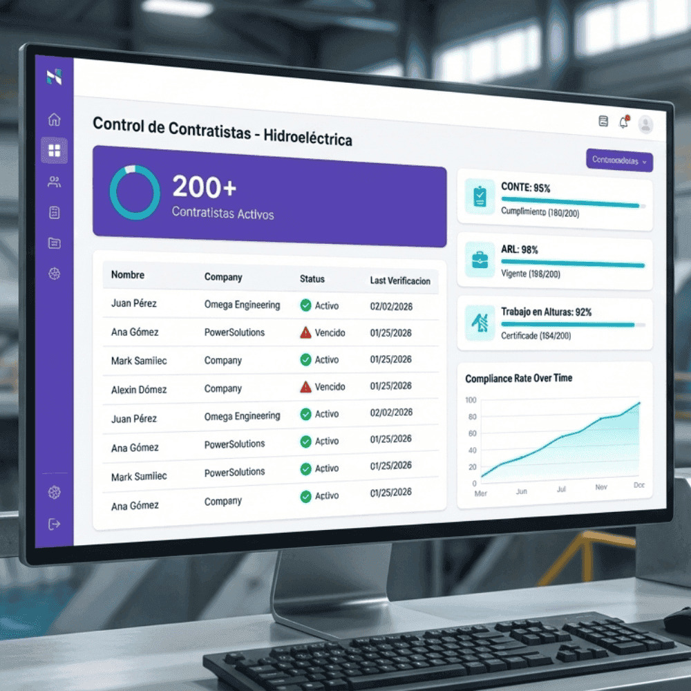 Dashboard de Verifty mostrando control de contratistas en hidroeléctrica